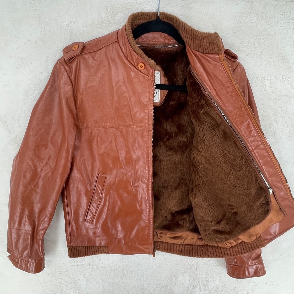 London Fog Vintage Brown Leather Bomber Jacket Faux Fur Liner Mens Small